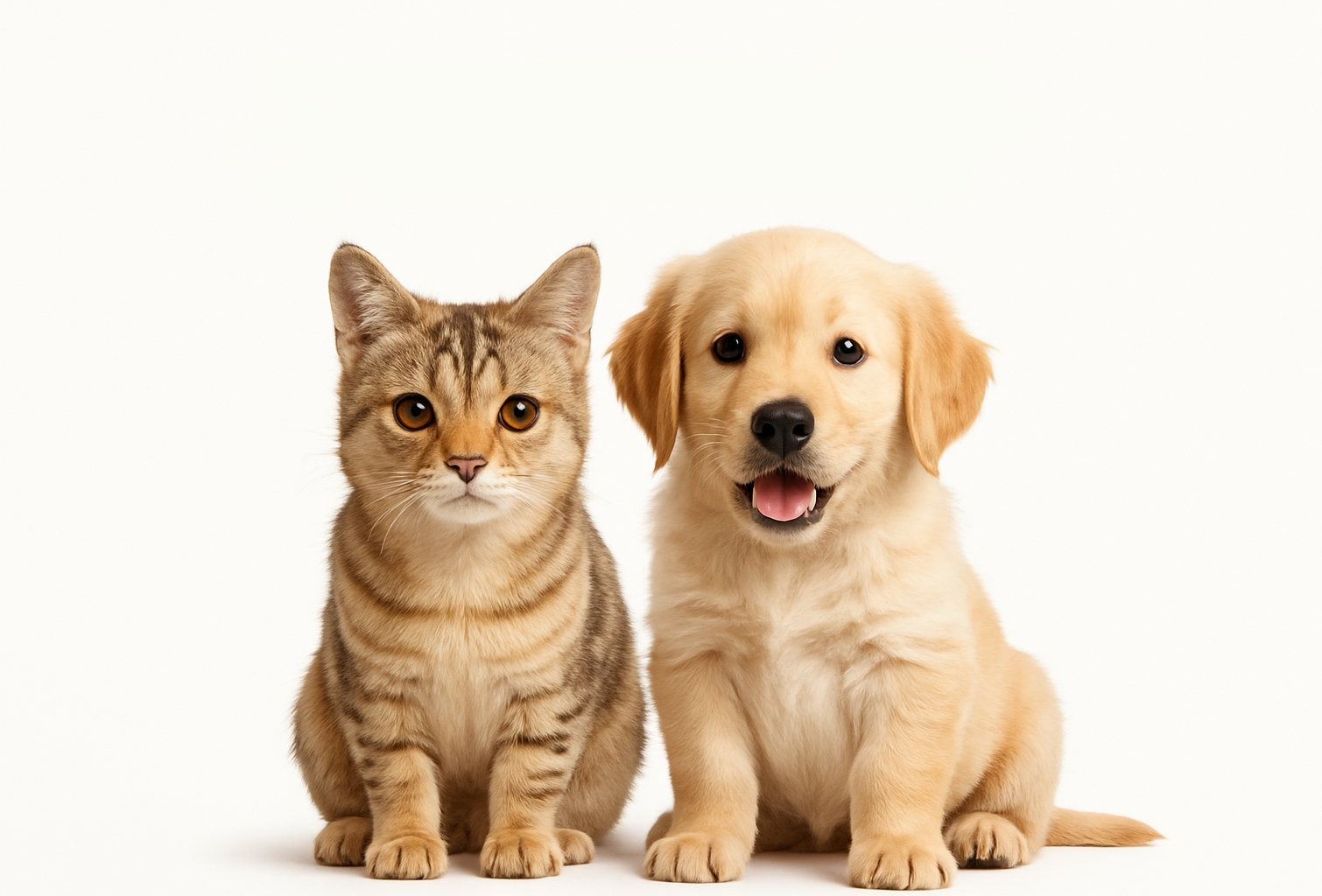 ik wil een witte achtergrond, ik wil een schattige realistische kat en hond naast elkaar, met als tekst boven hun PAWSY